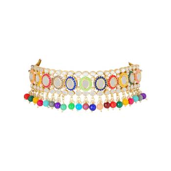 traditional handcrafted mirror and pearl work choker necklace set with  earrings & maang tikka 3
