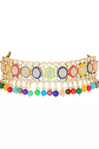 traditional handcrafted mirror and pearl work choker necklace set with  earrings & maang tikka