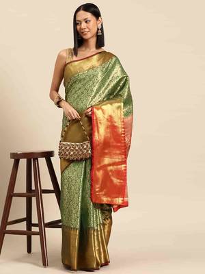 Silk Land  Green  Woven Design Brocade Saree  1