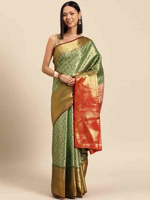 Silk Land  Green  Woven Design Brocade Saree  2