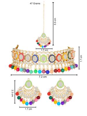 traditional handcrafted mirror and pearl work choker necklace set with  earrings & maang tikka 5
