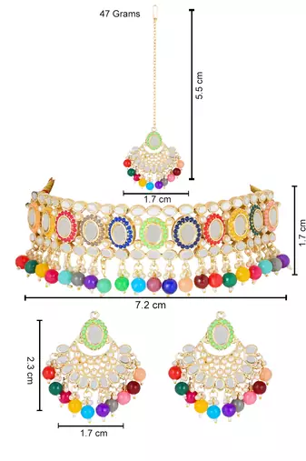 traditional handcrafted mirror and pearl work choker necklace set with  earrings & maang tikka