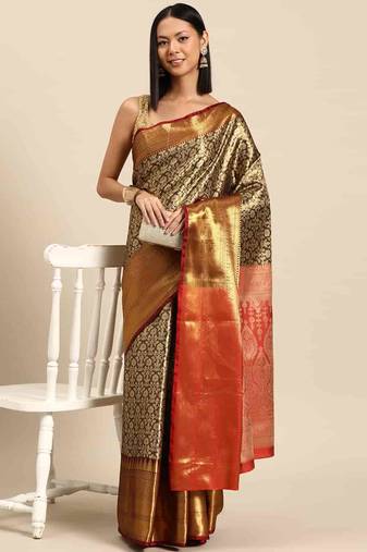 Silk Land  Black  Woven Design Brocade Saree 
