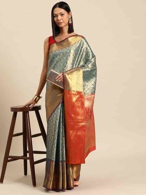 Silk Land  Teal  Woven Design Brocade Saree  1