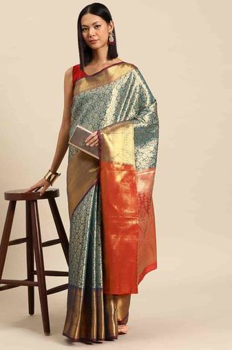 Silk Land  Teal  Woven Design Brocade Saree 