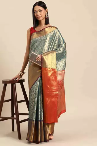 Silk Land  Teal  Woven Design Brocade Saree 