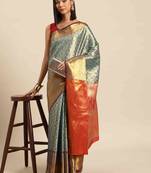 Silk Land  Teal  Woven Design Brocade Saree 