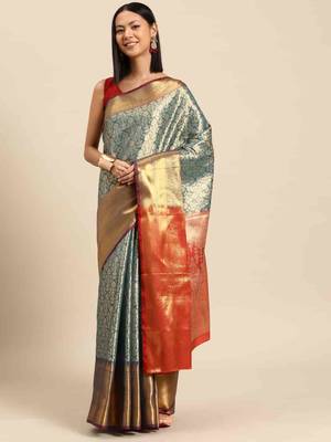 Silk Land  Teal  Woven Design Brocade Saree  2