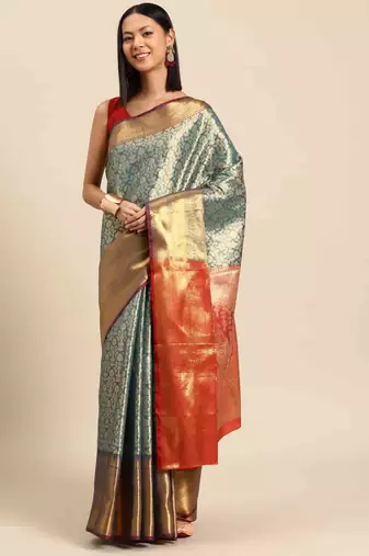 Silk Land  Teal  Woven Design Brocade Saree 