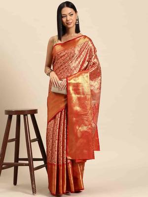 Silk Land  Red  Woven Design Brocade Saree  1