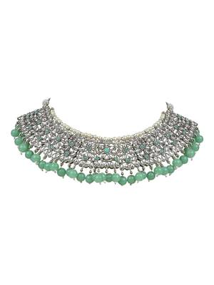 traditional kundan pearl drop bridal choker necklace with chandbali earrings & maang tikka jewellery set 2