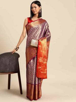 Silk Land  Purple  Woven Design Brocade Saree  1