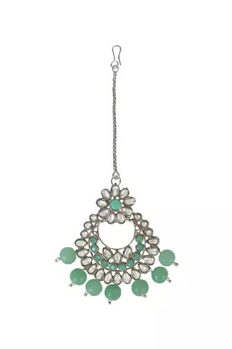 traditional kundan pearl drop bridal choker necklace with chandbali earrings & maang tikka jewellery set