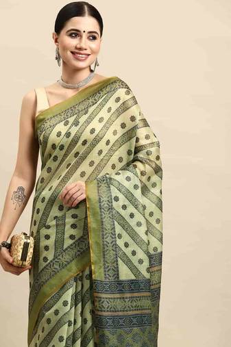 Silk Land  Mehandi  Kalamkari Cotton Blend Saree 