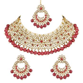 traditional kundan pearl drop bridal choker necklace with earrings & maang tikka jewellery set 1