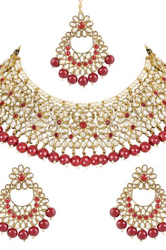 traditional kundan pearl drop bridal choker necklace with earrings & maang tikka jewellery set