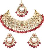 traditional kundan pearl drop bridal choker necklace with earrings & maang tikka jewellery set