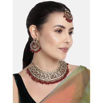 traditional kundan pearl drop bridal choker necklace with earrings & maang tikka jewellery set 2