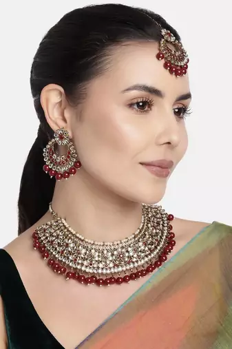 traditional kundan pearl drop bridal choker necklace with earrings & maang tikka jewellery set