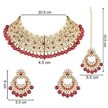 traditional kundan pearl drop bridal choker necklace with earrings & maang tikka jewellery set 5