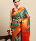 Silk Land  teal  checked art silk saree 