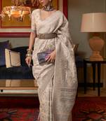 Beige Kashmiri Woven Cotton Silk Designer Saree With Blouse For Women 