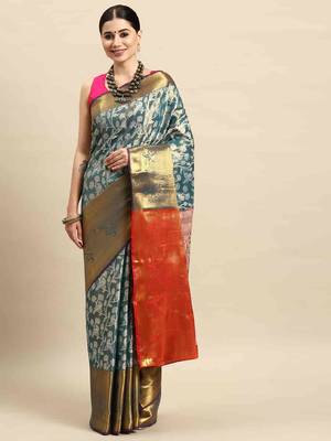 Silk Land  Teal  Woven Design Brocade Saree  1