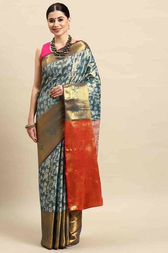 Silk Land  Teal  Woven Design Brocade Saree 