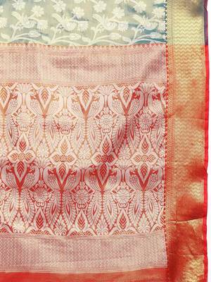 Silk Land  Teal  Woven Design Brocade Saree  5