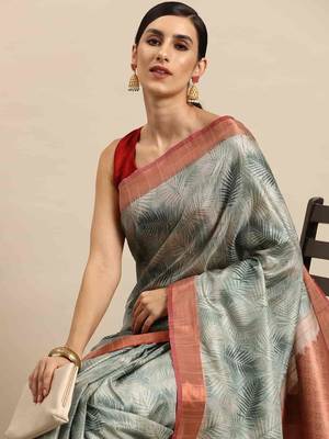 Silk Land  Teal  Digital Print Art Silk Saree  1