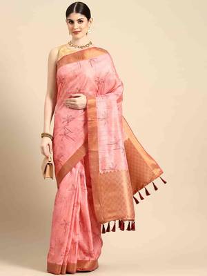 Silk Land  Pink  Digital Print Art Silk Saree  1