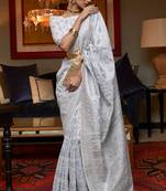 Blue Kashmiri Woven Cotton Silk Designer Saree With Blouse For Women 