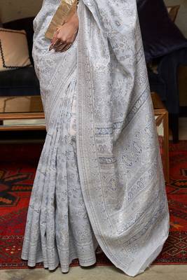 Blue Kashmiri Woven Cotton Silk Designer Saree With Blouse For Women  4