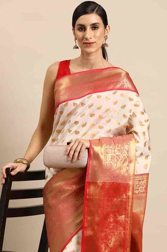 Silk Land  White  Woven Design Silk Cotton Saree 