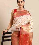 Silk Land  White  Woven Design Silk Cotton Saree 