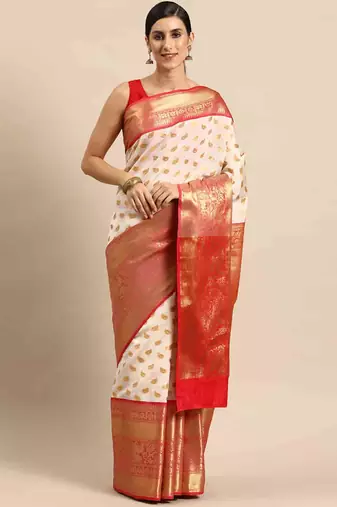 Silk Land  White  Woven Design Silk Cotton Saree 