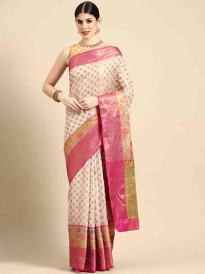 Silk Land  White  Woven Design Silk Cotton Saree  1