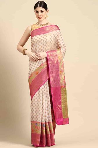 Silk Land  White  Woven Design Silk Cotton Saree 