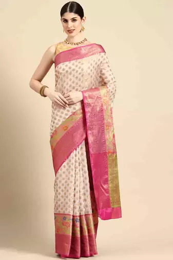Silk Land  White  Woven Design Silk Cotton Saree 