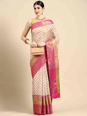 Silk Land  White  Woven Design Silk Cotton Saree  2