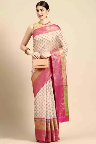 Silk Land  White  Woven Design Silk Cotton Saree 