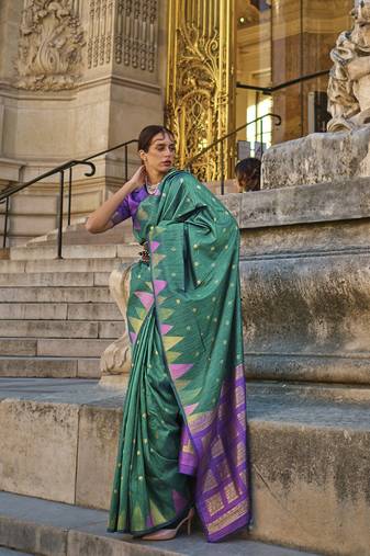 Teal Color Silk Blend Women'S Saree