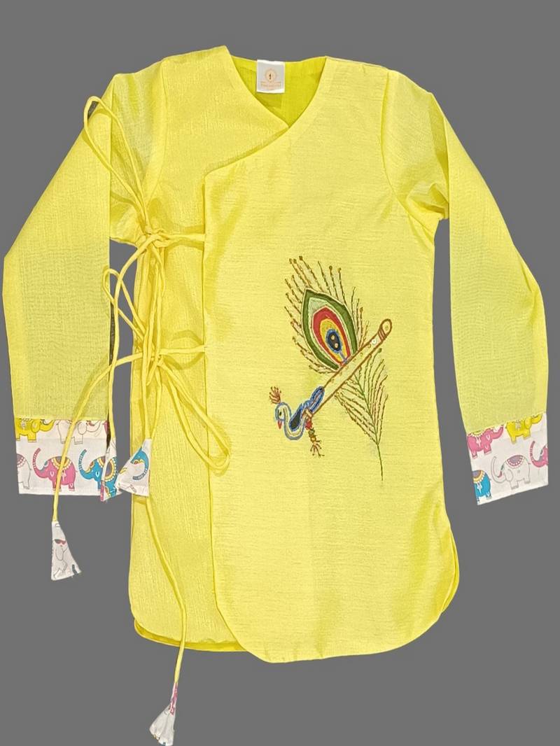 Yellow Morpankh Embroidered Kurta And Animal Print Dhoti Set