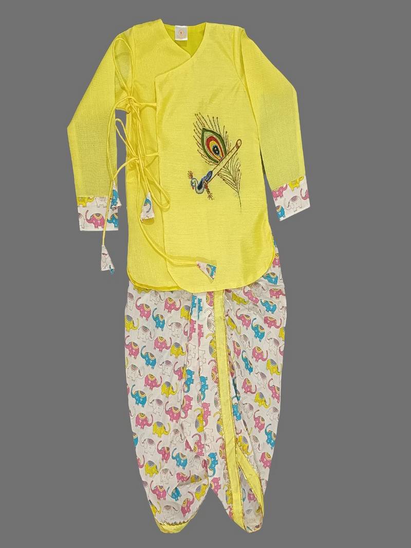 Yellow Morpankh Embroidered Kurta And Animal Print Dhoti Set