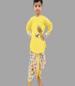 Yellow Morpankh Embroidered Kurta And Animal Print Dhoti Set