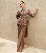 The millennial brown pre-draped saree set