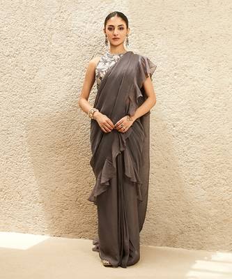 The millennial grey ruffled saree set 1