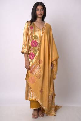 Mustard and Beige Silk Velvet Salwar Suit 1