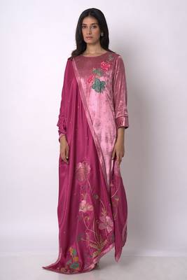 Fushia Pink and Beige Silk Velvet Salwar Suit 1