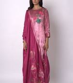Fushia Pink and Beige Silk Velvet Salwar Suit
